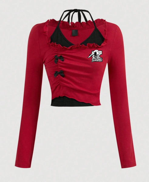 Double Layer Bow Ruffle Long Sleeve Logo Top